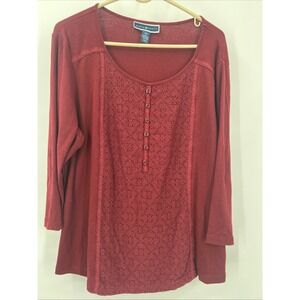 Karen Scott Women's 3/4 Sleeve XXL Burgundy Lace Top 1/4 Button Whimsigoth